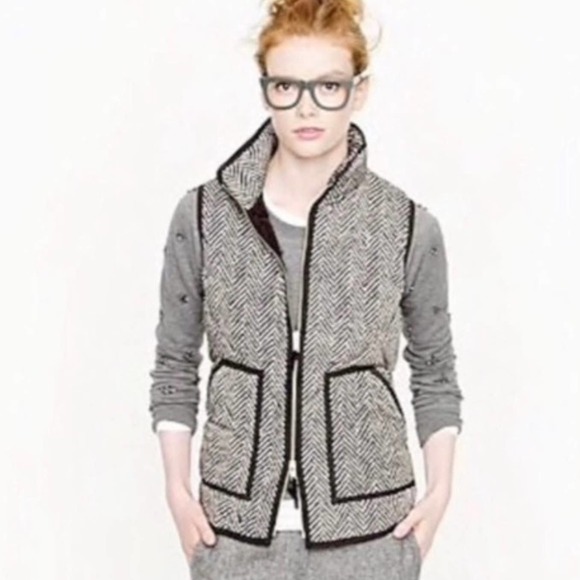 J. Crew Black Cream Herringbone Excursion Down Filled Quilted Puffer Vest Small